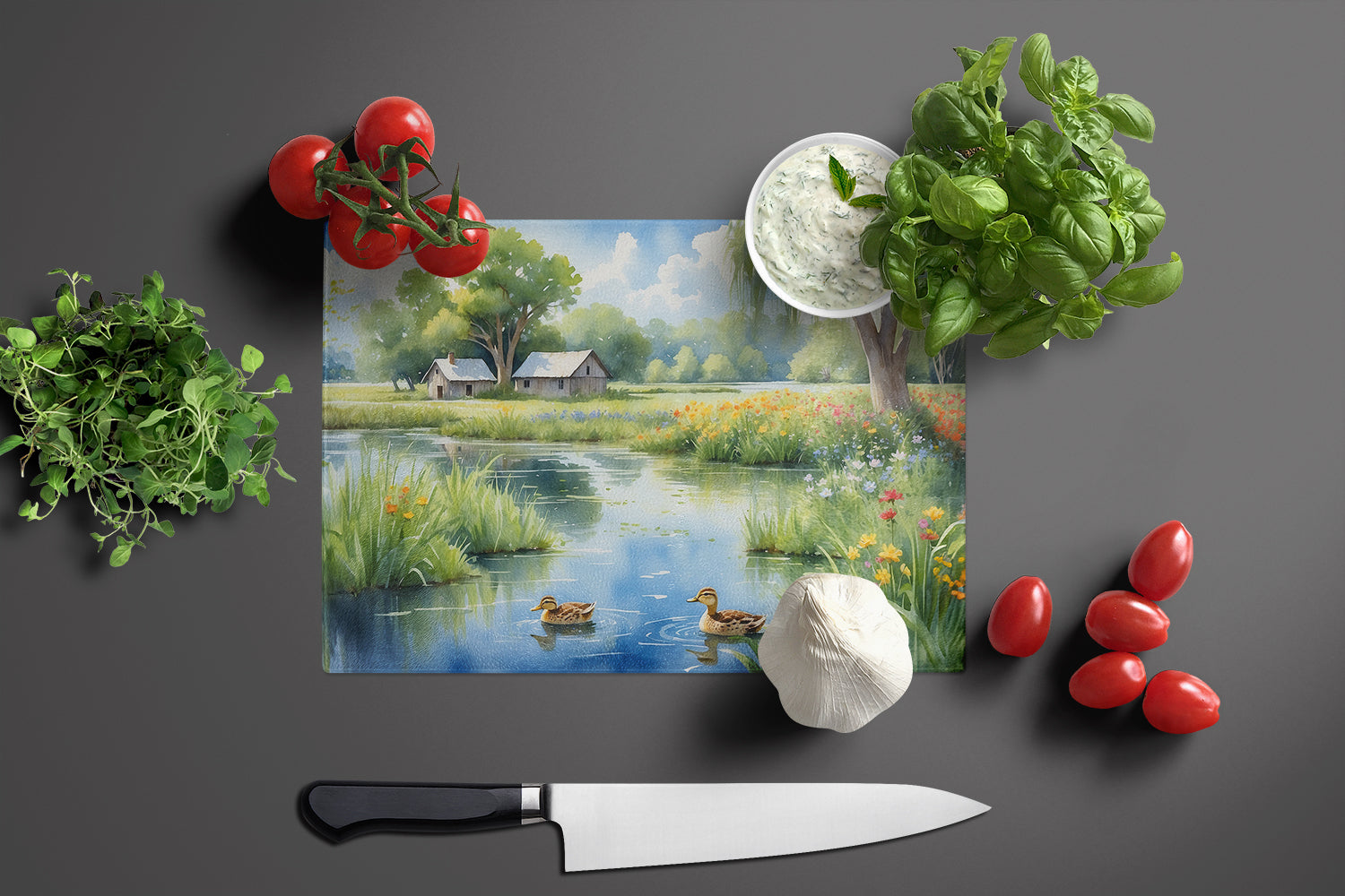 Mother Duck Cutting Board Tempered Glass Kitchen Cutting Surface, Heat Resistant Chopping, Non-Slip Feet, Food Prep & Serving