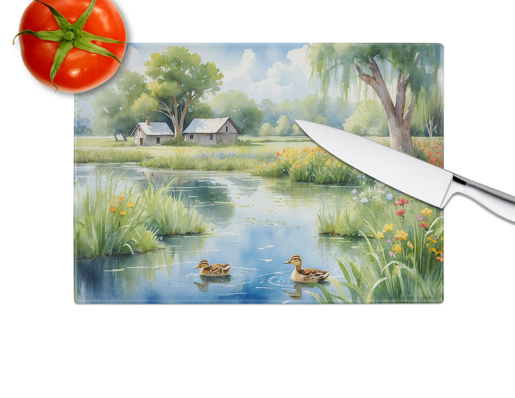 Mother Duck Cutting Board Tempered Glass Kitchen Cutting Surface, Heat Resistant Chopping, Non-Slip Feet, Food Prep & Serving