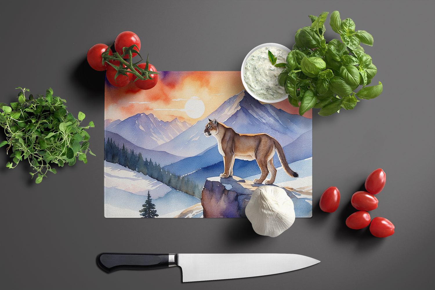 Mountain Majesty Lion Cutting Board Tempered Glass Kitchen Cutting Surface, Heat Resistant Chopping, Non-Slip Feet, Food Prep & Serving