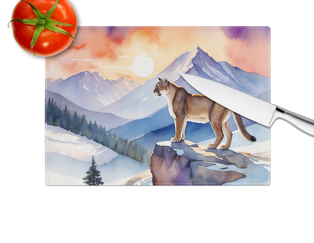 Mountain Majesty Lion Cutting Board Tempered Glass Kitchen Cutting Surface, Heat Resistant Chopping, Non-Slip Feet, Food Prep & Serving