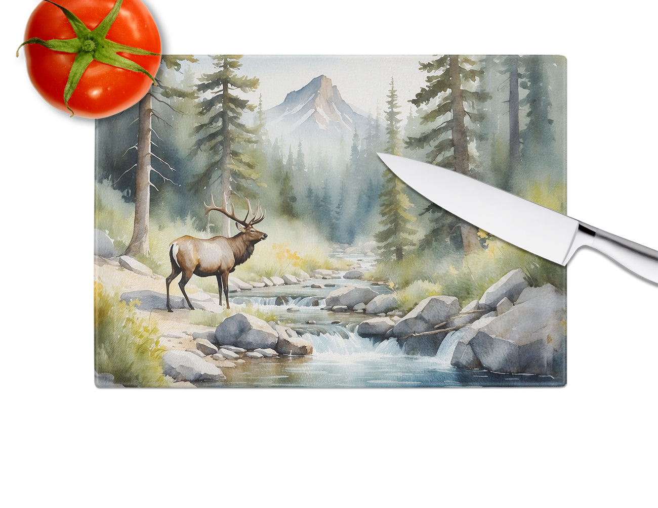 Mountain Stream Elk Cutting Board Tempered Glass Kitchen Cutting Surface, Heat Resistant Chopping, Non-Slip Feet, Food Prep & Serving