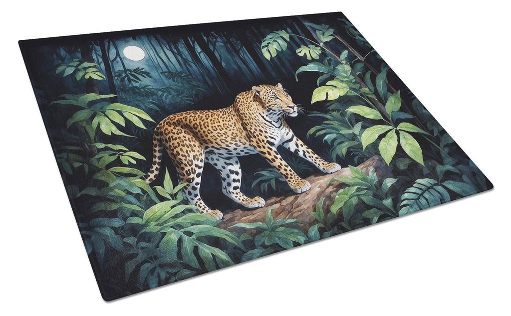 Leopard Nighttime in the Jungle Cutting Board Tempered Glass Kitchen Cutting Surface, Heat Resistant Chopping, Non-Slip Feet, Food Prep & Serving