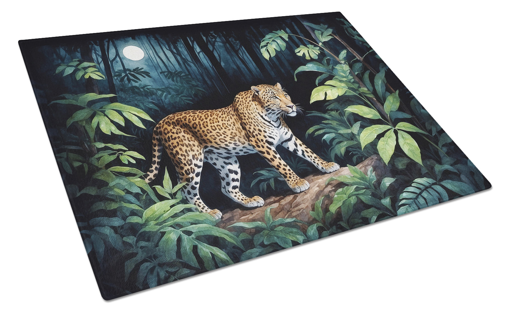 Leopard Nighttime in the Jungle Cutting Board Tempered Glass Kitchen Cutting Surface, Heat Resistant Chopping, Non-Slip Feet, Food Prep & Serving