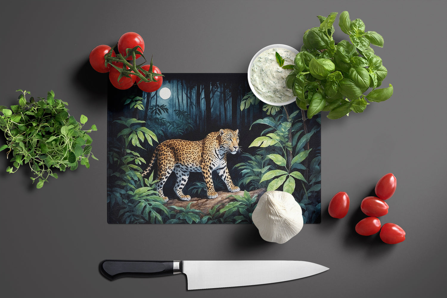 Leopard Nighttime in the Jungle Cutting Board Tempered Glass Kitchen Cutting Surface, Heat Resistant Chopping, Non-Slip Feet, Food Prep & Serving