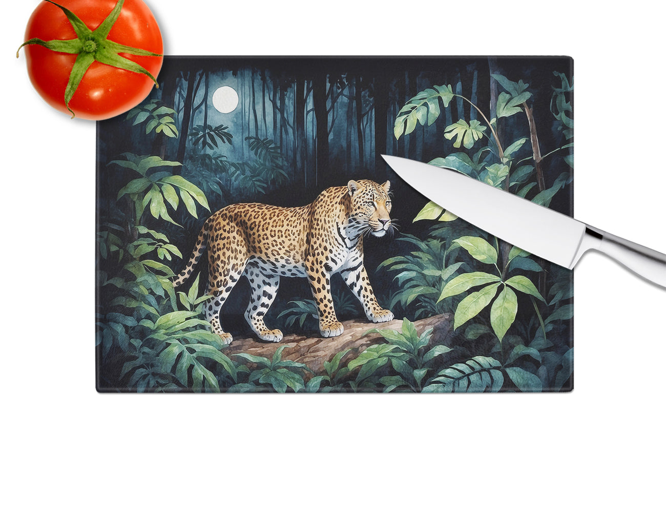 Leopard Nighttime in the Jungle Cutting Board Tempered Glass Kitchen Cutting Surface, Heat Resistant Chopping, Non-Slip Feet, Food Prep & Serving