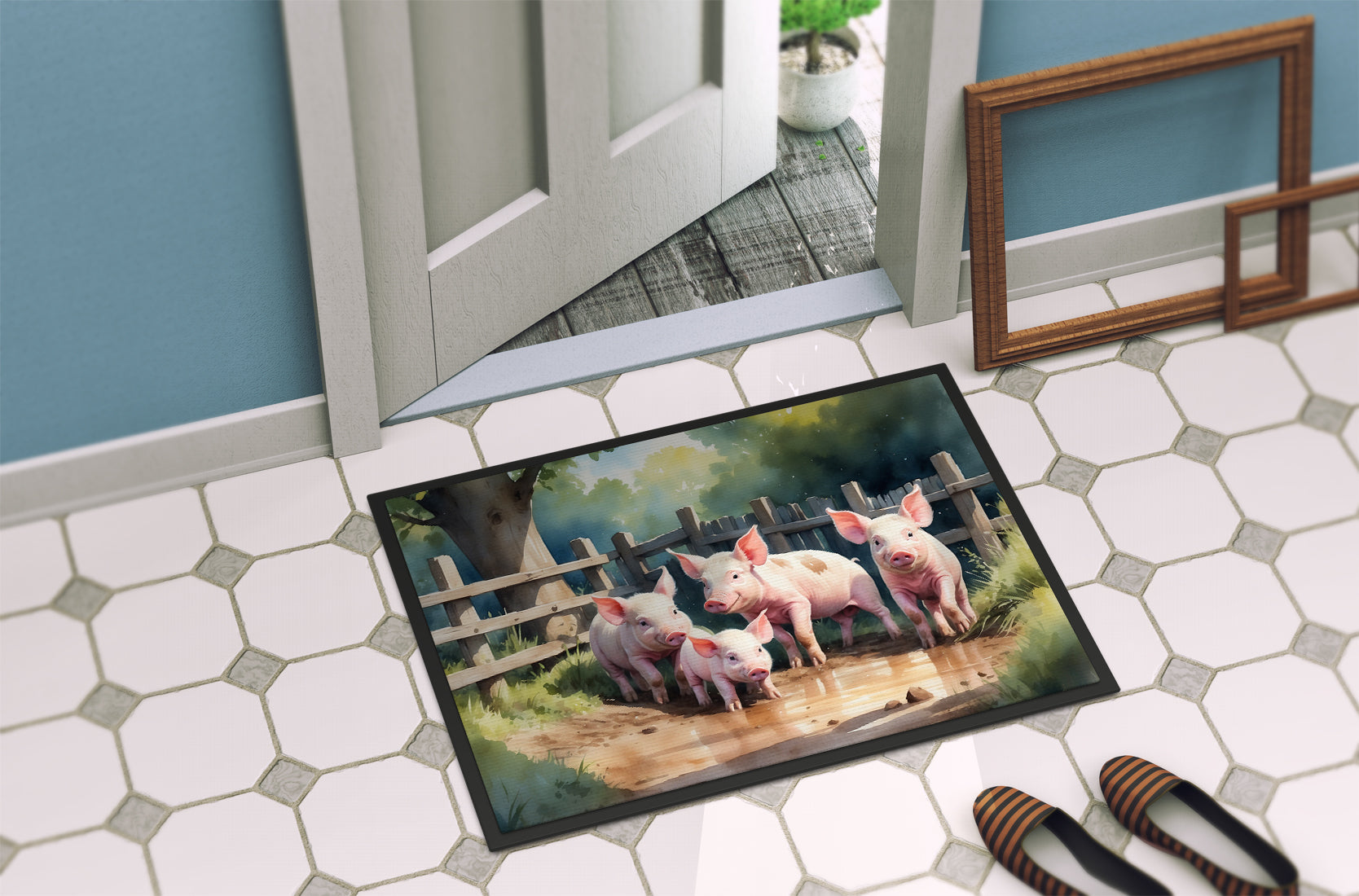 Piglets in the Mud Doormat Indoor Outdoor 24H X 36W Front Door Mat Rugs for Entryway, Non Slip Washable Low Pile,