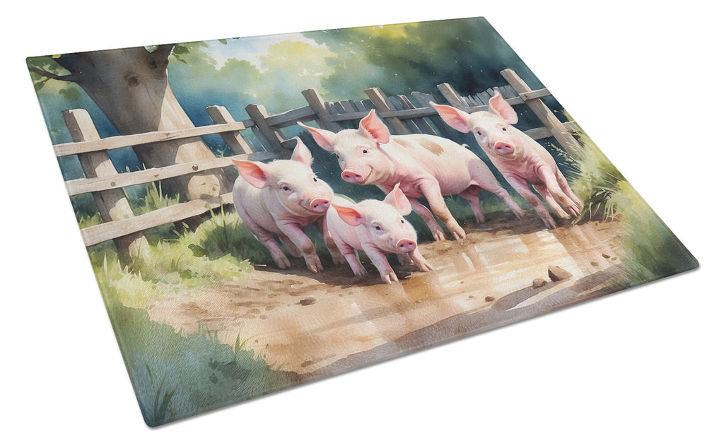 Piglets in the Mud Cutting Board Tempered Glass Kitchen Cutting Surface, Heat Resistant Chopping, Non-Slip Feet, Food Prep & Serving