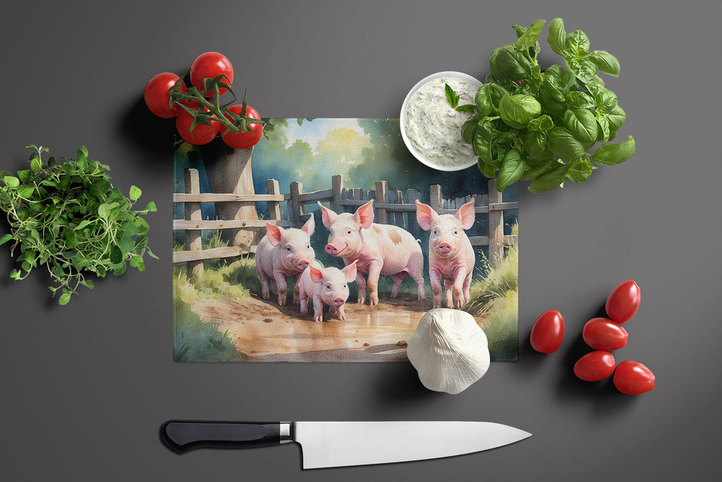 Piglets in the Mud Cutting Board Tempered Glass Kitchen Cutting Surface, Heat Resistant Chopping, Non-Slip Feet, Food Prep & Serving