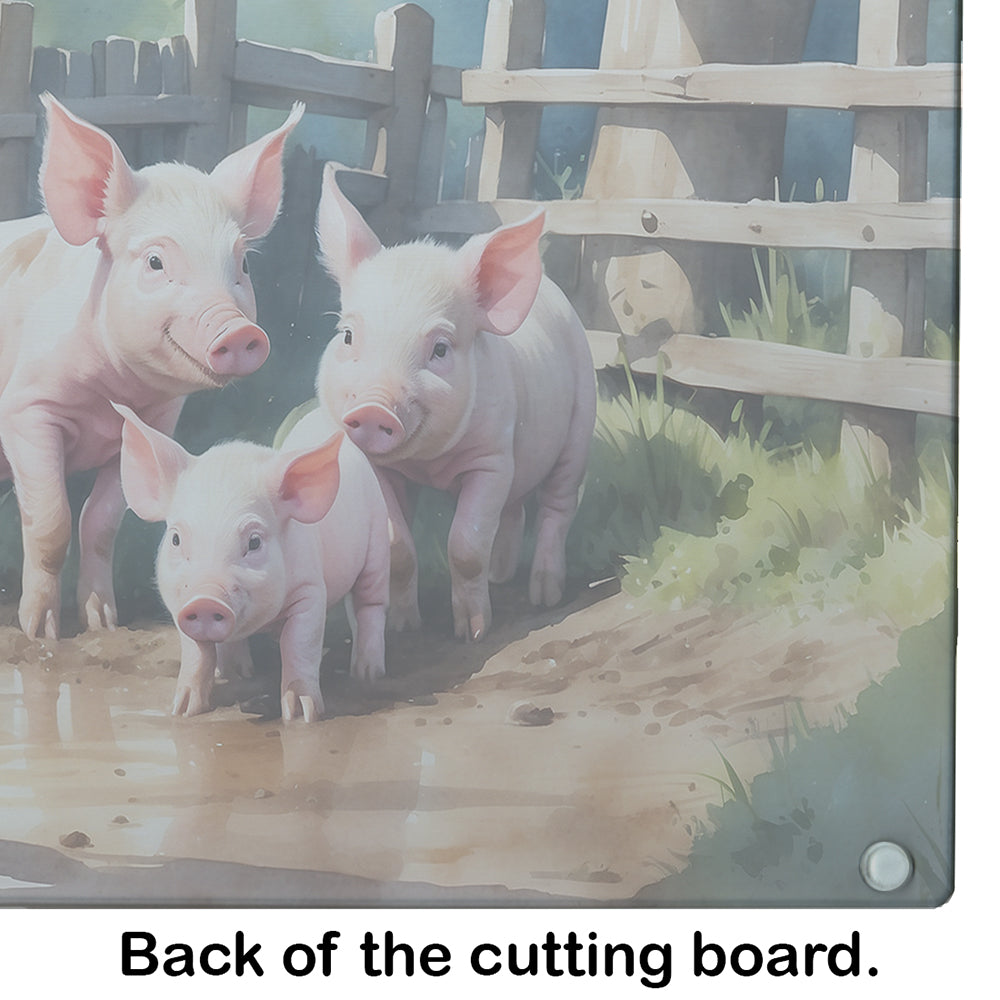 Piglets in the Mud Cutting Board Tempered Glass Kitchen Cutting Surface, Heat Resistant Chopping, Non-Slip Feet, Food Prep & Serving