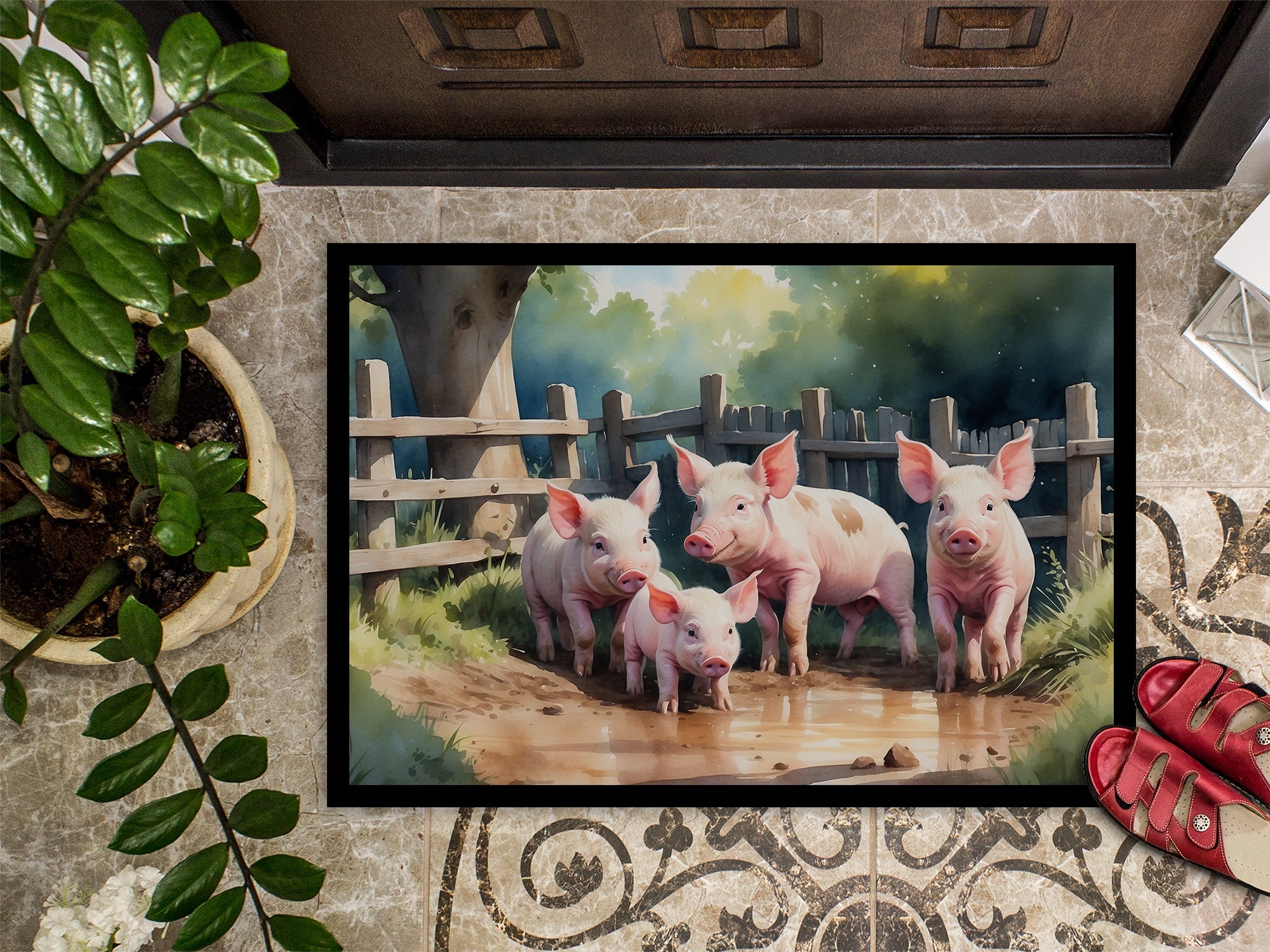 Piglets in the Mud Doormat Indoor Outdoor 18H X 27W Front Door Mat Rugs for Entryway, Non Slip Washable