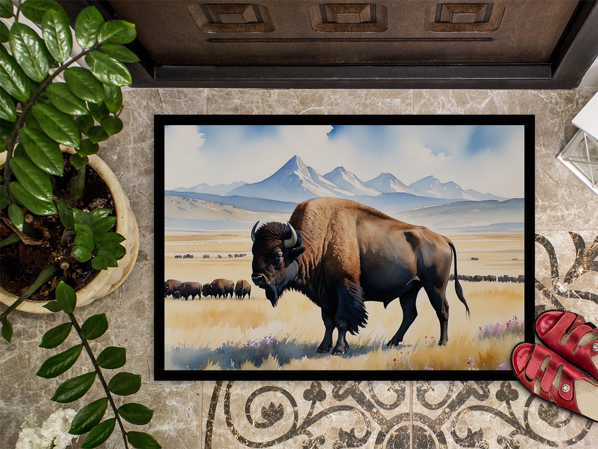 Prairie Bison Doormat Indoor Outdoor 24H X 36W Front Door Mat Rugs for Entryway, Non Slip Washable Low Pile,