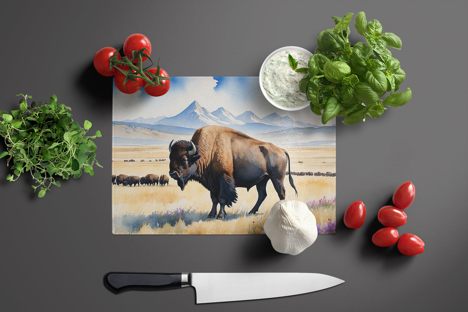 Prairie Bison Cutting Board Tempered Glass Kitchen Cutting Surface, Heat Resistant Chopping, Non-Slip Feet, Food Prep & Serving