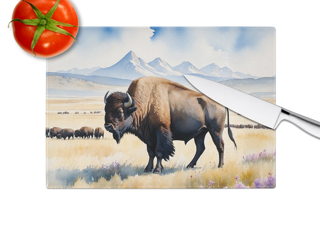 Prairie Bison Cutting Board Tempered Glass Kitchen Cutting Surface, Heat Resistant Chopping, Non-Slip Feet, Food Prep & Serving