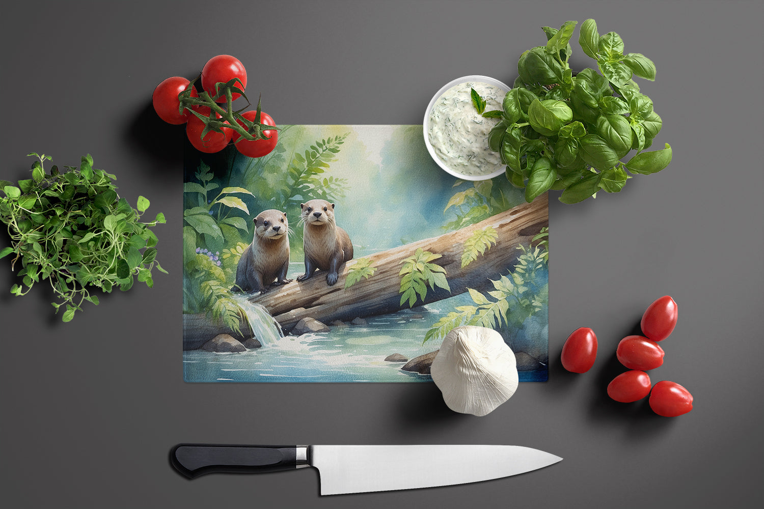 River Otters at Play Cutting Board Tempered Glass Kitchen Cutting Surface, Heat Resistant Chopping, Non-Slip Feet, Food Prep & Serving