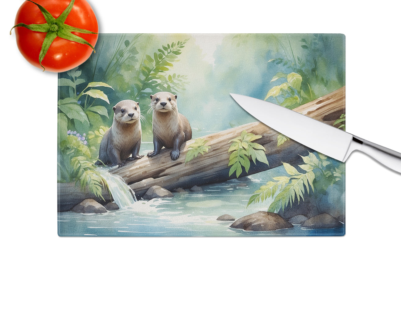 River Otters at Play Cutting Board Tempered Glass Kitchen Cutting Surface, Heat Resistant Chopping, Non-Slip Feet, Food Prep & Serving