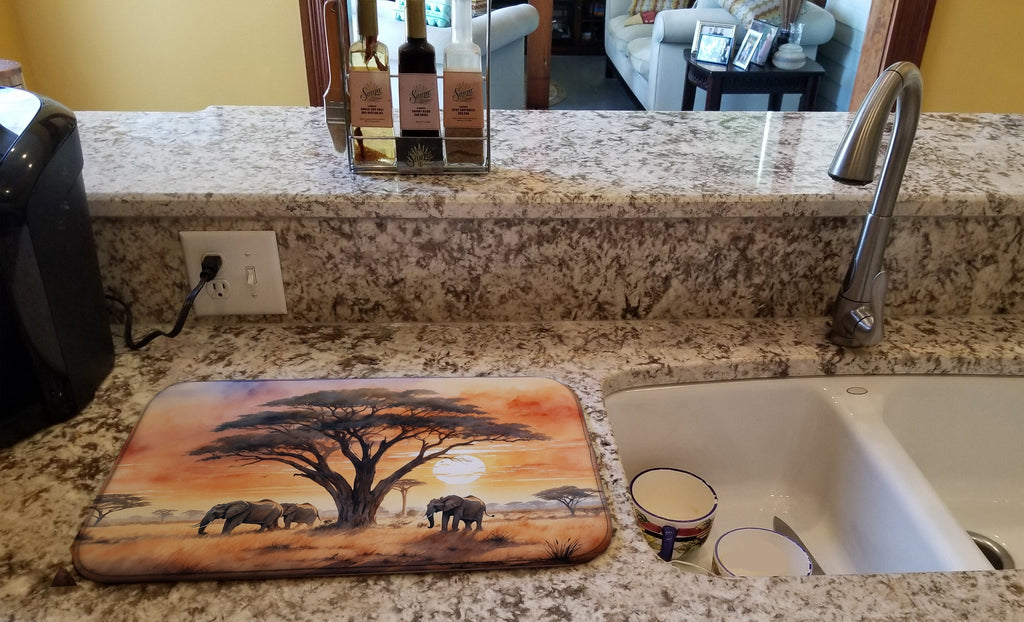 Elephants Savanna Sunrise Dish Drying Mat Absorbent Dish Drying Mat Pad for Kitchen Counter Dish Drainer Mat for Countertop, 14 x 21", Multicolor