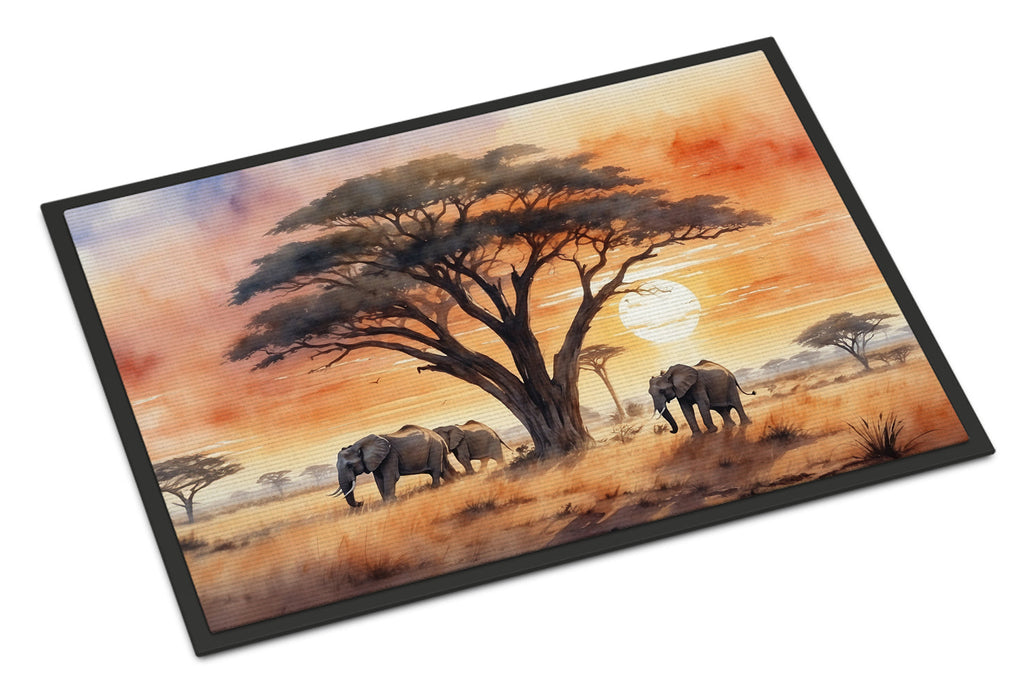 Elephants Savanna Sunrise Doormat Indoor Outdoor 24H X 36W Front Door Mat Rugs for Entryway, Non Slip Washable Low Pile,