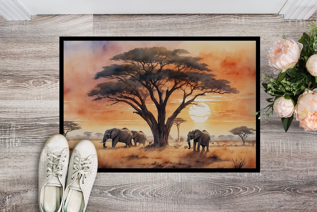 Elephants Savanna Sunrise Doormat Indoor Outdoor 24H X 36W Front Door Mat Rugs for Entryway, Non Slip Washable Low Pile,