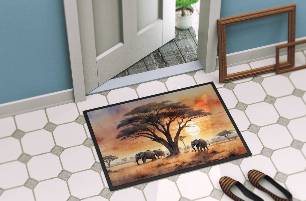 Elephants Savanna Sunrise Doormat Indoor Outdoor 24H X 36W Front Door Mat Rugs for Entryway, Non Slip Washable Low Pile,