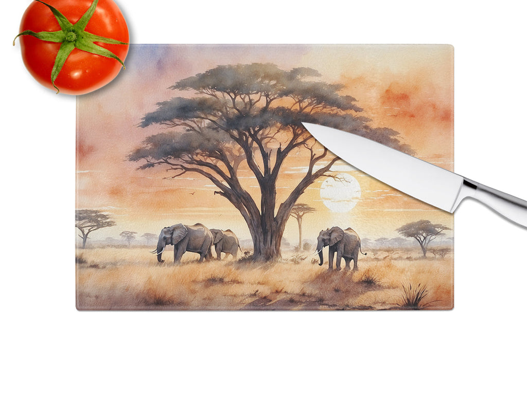 Elephants Savanna Sunrise Cutting Board Tempered Glass Kitchen Cutting Surface, Heat Resistant Chopping, Non-Slip Feet, Food Prep & Serving