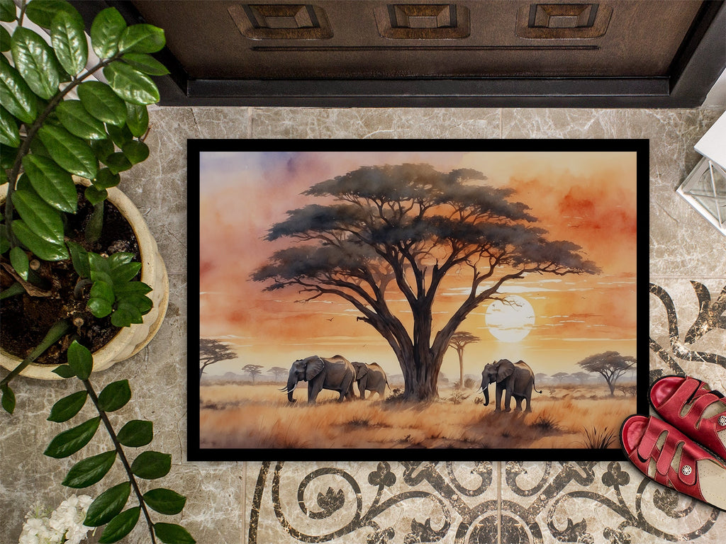 Elephants Savanna Sunrise Doormat Indoor Outdoor 18H X 27W Front Door Mat Rugs for Entryway, Non Slip Washable