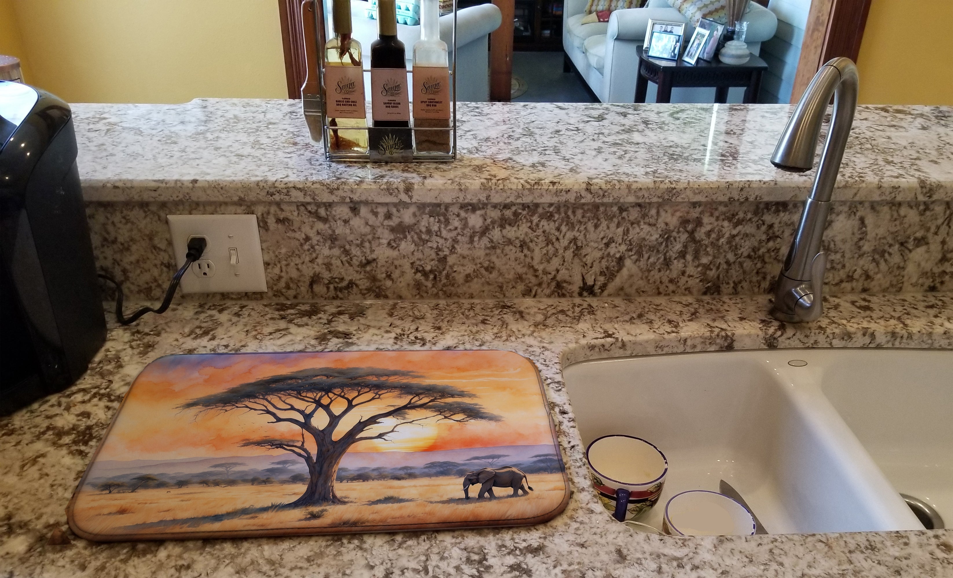 Elephants Savanna Sunrise Dish Drying Mat Absorbent Dish Drying Mat Pad for Kitchen Counter Dish Drainer Mat for Countertop, 14 x 21", Multicolor