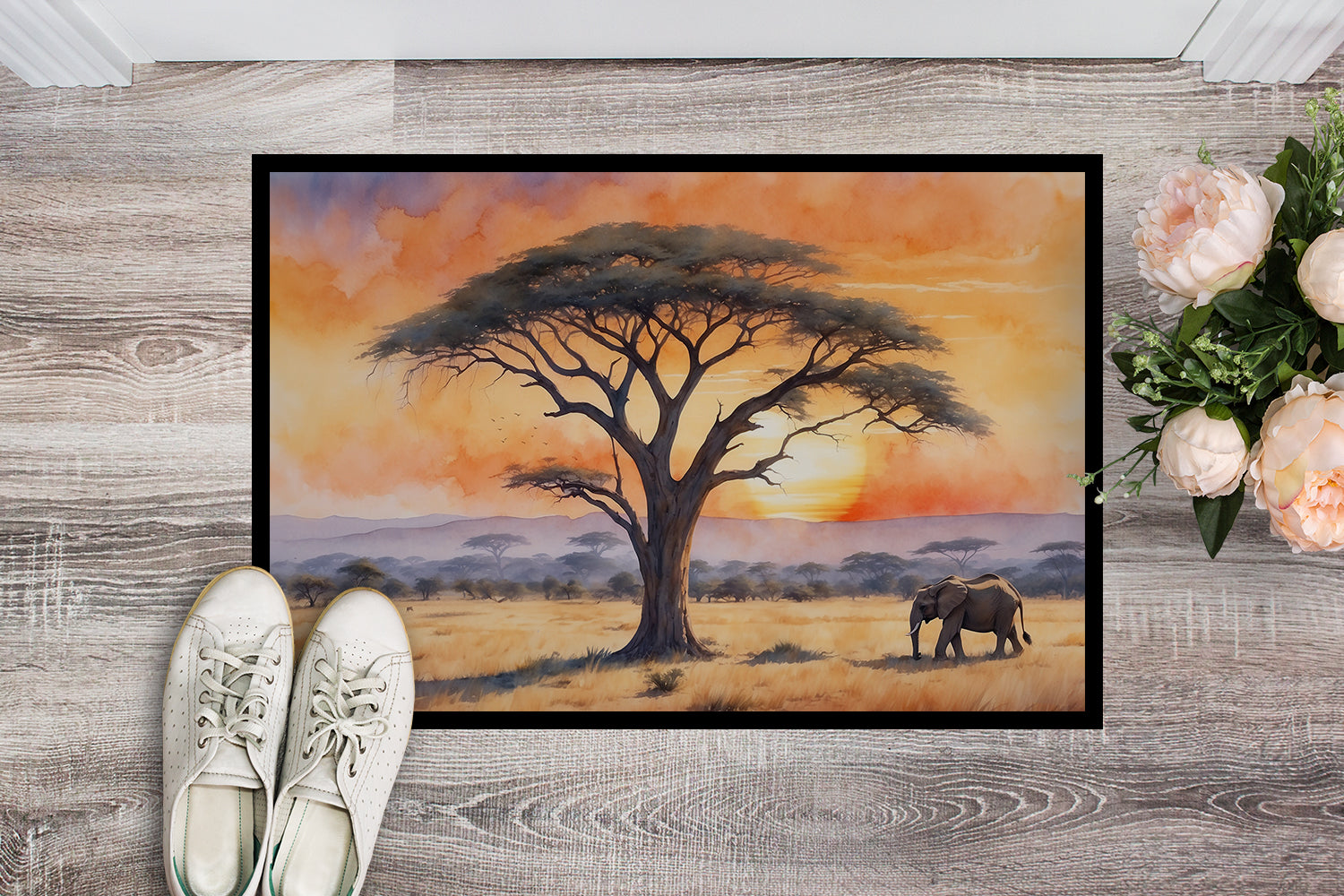 Elephants Savanna Sunrise Doormat Indoor Outdoor 24H X 36W Front Door Mat Rugs for Entryway, Non Slip Washable Low Pile,