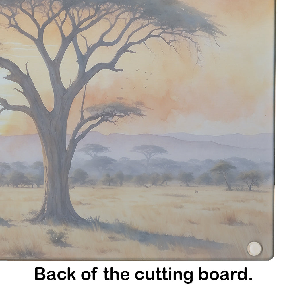 Elephants Savanna Sunrise Cutting Board Tempered Glass Kitchen Cutting Surface, Heat Resistant Chopping, Non-Slip Feet, Food Prep & Serving