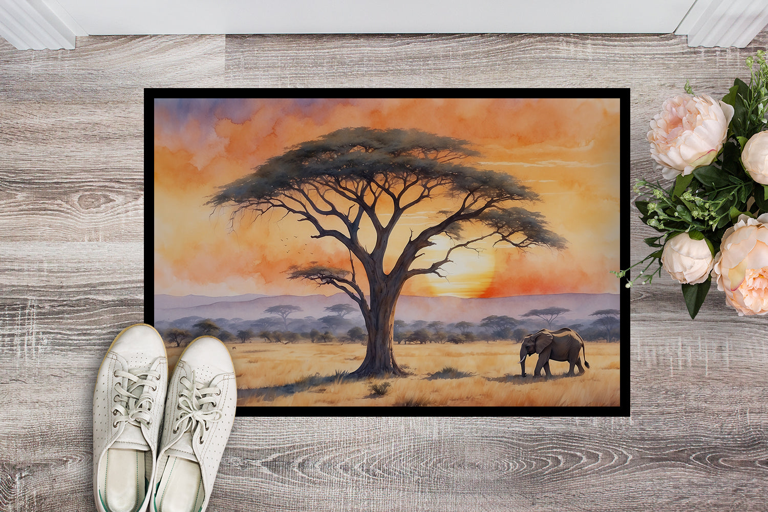 Elephants Savanna Sunrise Doormat Indoor Outdoor 18H X 27W Front Door Mat Rugs for Entryway, Non Slip Washable