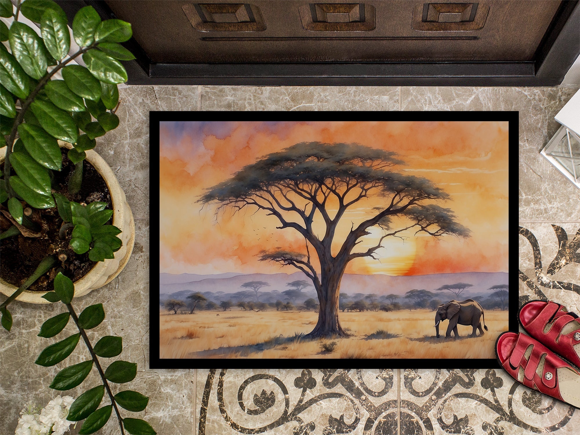 Elephants Savanna Sunrise Doormat Indoor Outdoor 18H X 27W Front Door Mat Rugs for Entryway, Non Slip Washable