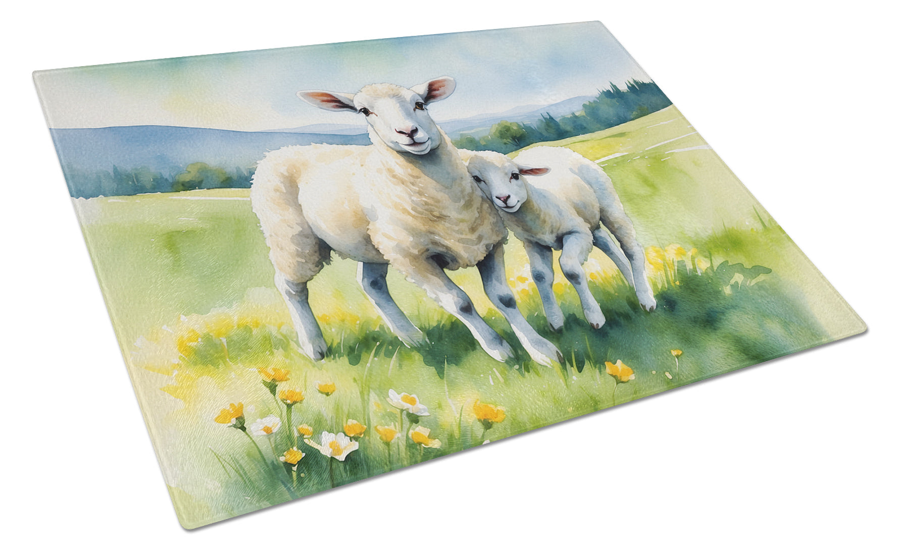 Springtime Lambs Cutting Board Tempered Glass Kitchen Cutting Surface, Heat Resistant Chopping, Non-Slip Feet, Food Prep & Serving