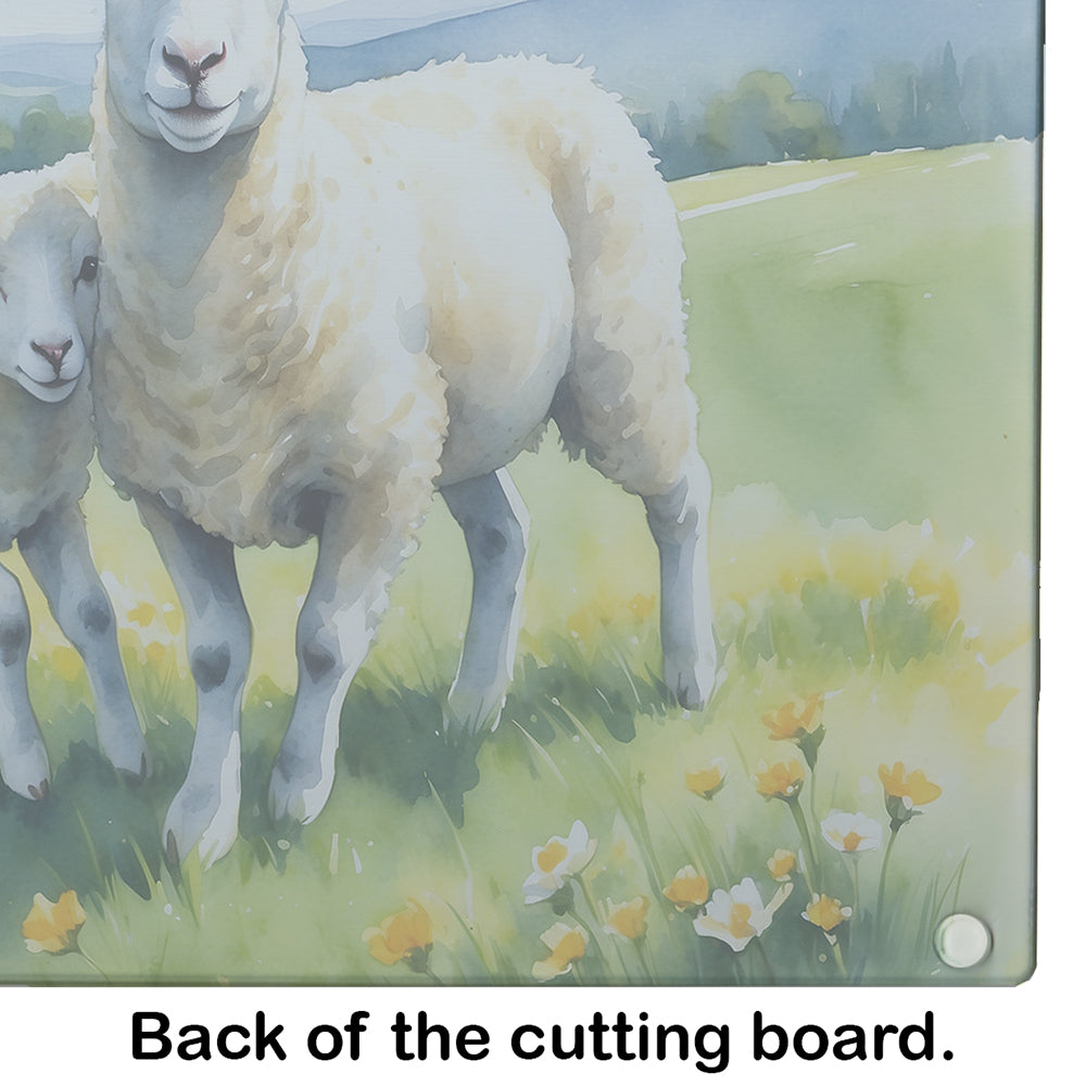 Springtime Lambs Cutting Board Tempered Glass Kitchen Cutting Surface, Heat Resistant Chopping, Non-Slip Feet, Food Prep & Serving