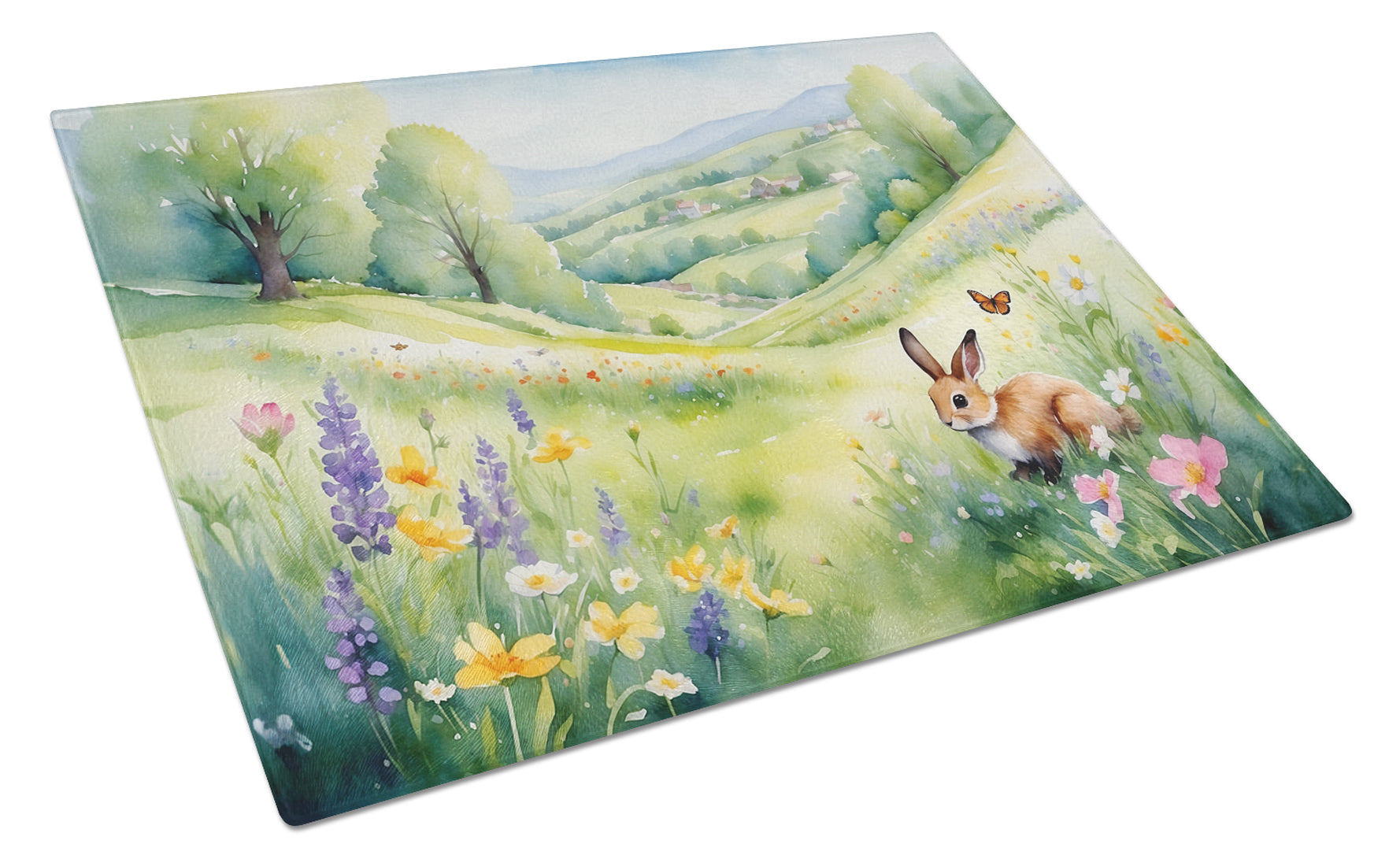 Rabbit Springtime Meadow Cutting Board Tempered Glass Kitchen Cutting Surface, Heat Resistant Chopping, Non-Slip Feet, Food Prep & Serving