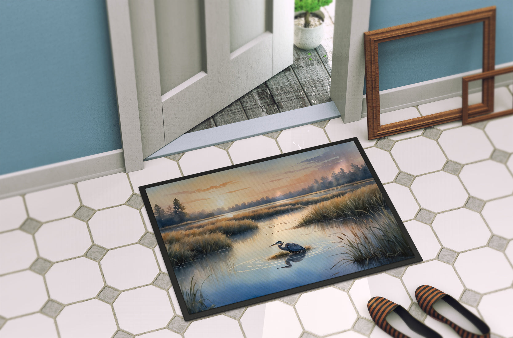 Wetland Wonders Blue Heron Doormat Indoor Outdoor 24H X 36W Front Door Mat Rugs for Entryway, Non Slip Washable Low Pile,