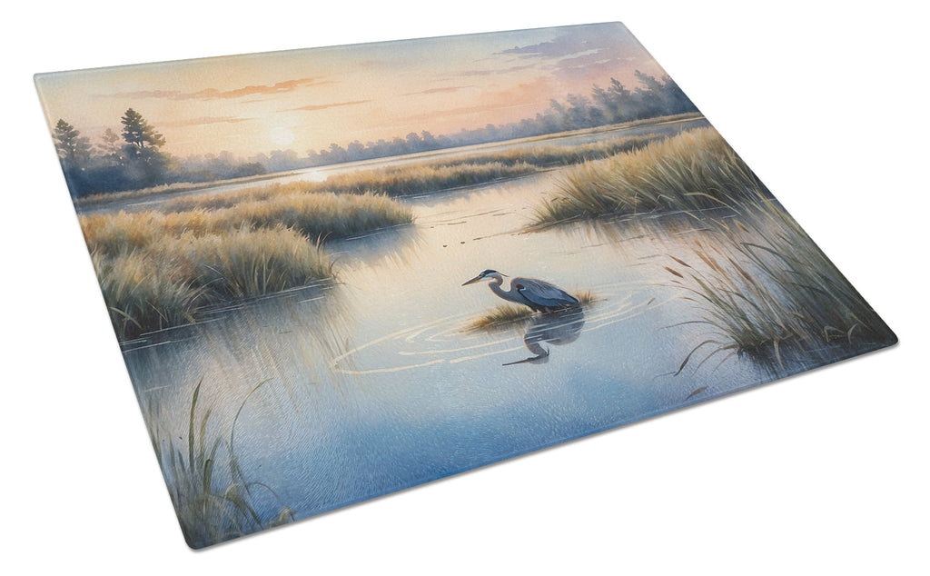Wetland Wonders Blue Heron Cutting Board Tempered Glass Kitchen Cutting Surface, Heat Resistant Chopping, Non-Slip Feet, Food Prep & Serving