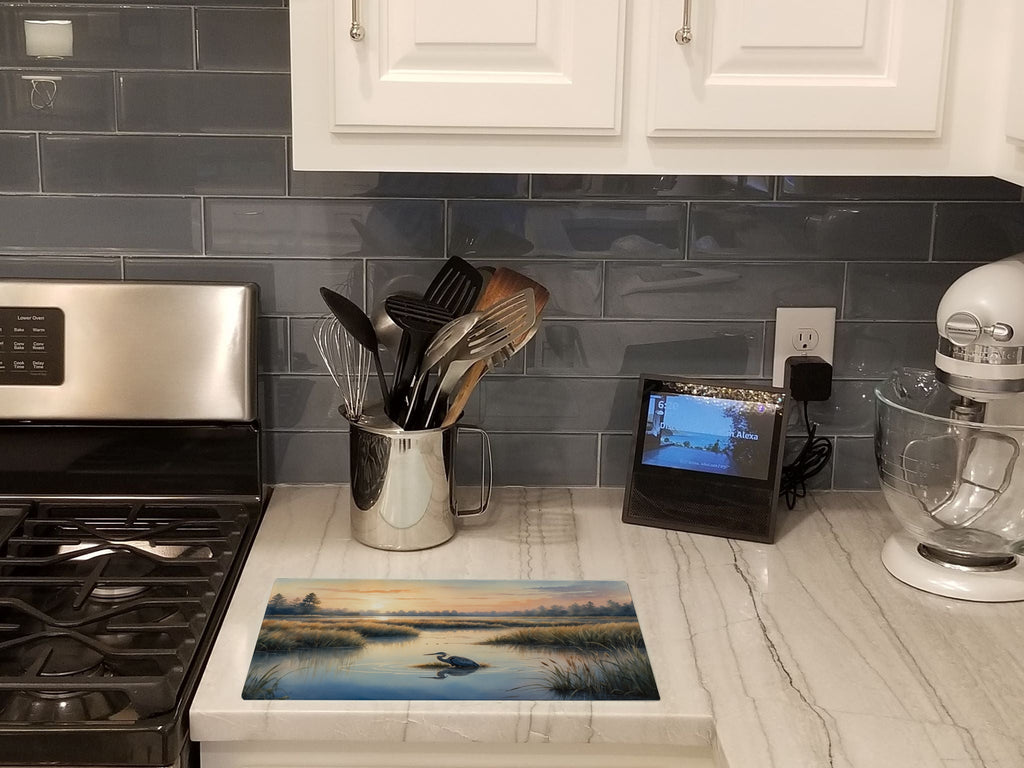 Wetland Wonders Blue Heron Cutting Board Tempered Glass Kitchen Cutting Surface, Heat Resistant Chopping, Non-Slip Feet, Food Prep & Serving