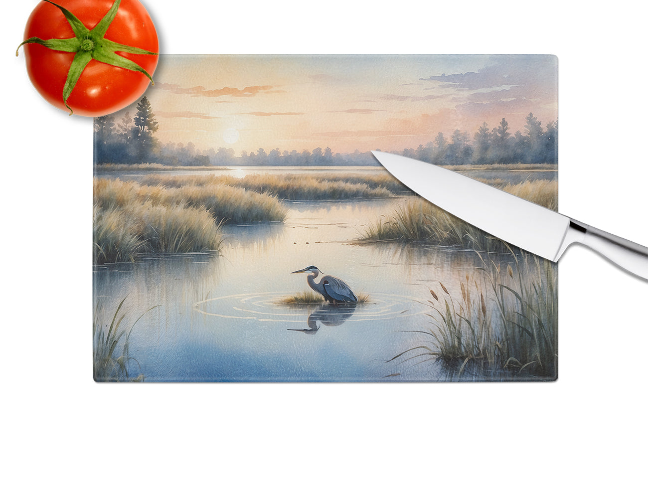 Wetland Wonders Blue Heron Cutting Board Tempered Glass Kitchen Cutting Surface, Heat Resistant Chopping, Non-Slip Feet, Food Prep & Serving