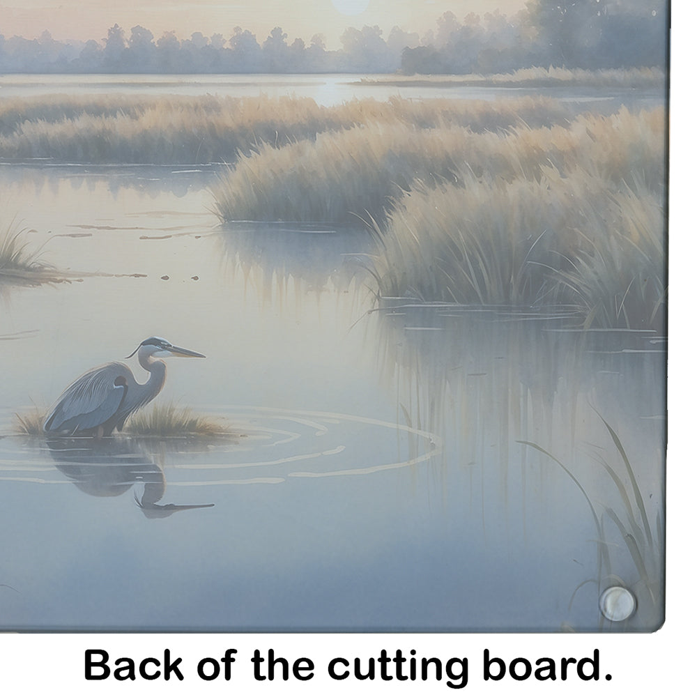 Wetland Wonders Blue Heron Cutting Board Tempered Glass Kitchen Cutting Surface, Heat Resistant Chopping, Non-Slip Feet, Food Prep & Serving