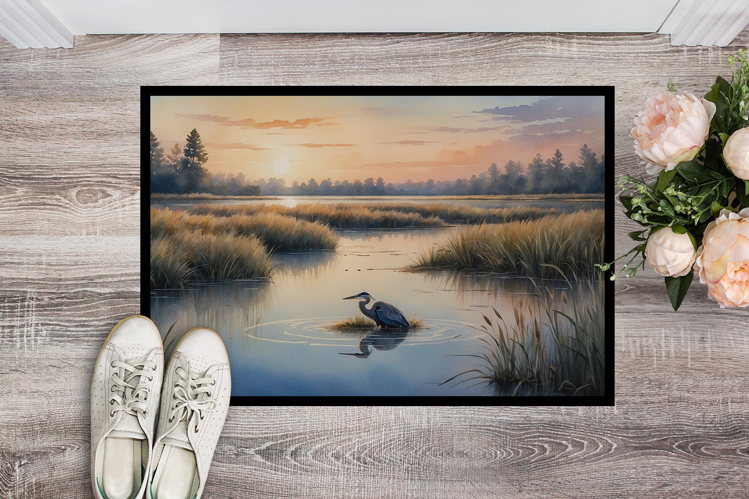 Wetland Wonders Blue Heron Doormat Indoor Outdoor 18H X 27W Front Door Mat Rugs for Entryway, Non Slip Washable