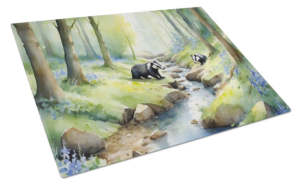 Woodland Spring Badgers Cutting Board Tempered Glass Kitchen Cutting Surface, Heat Resistant Chopping, Non-Slip Feet, Food Prep & Serving