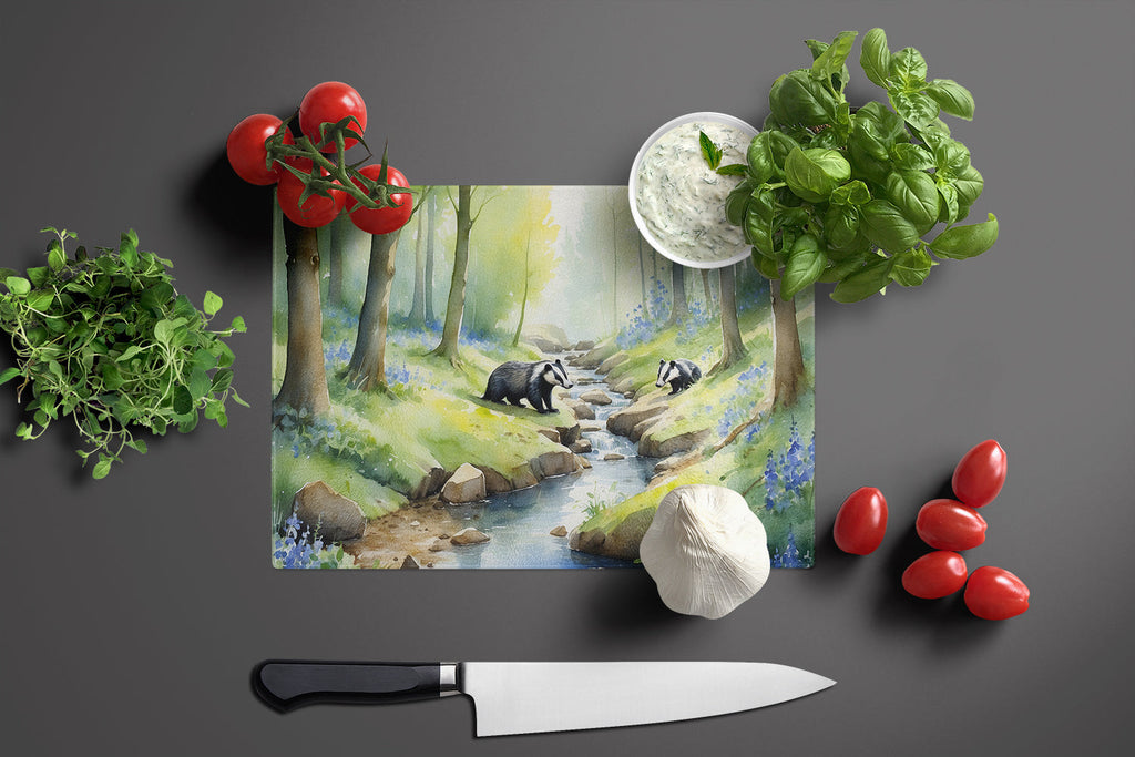 Woodland Spring Badgers Cutting Board Tempered Glass Kitchen Cutting Surface, Heat Resistant Chopping, Non-Slip Feet, Food Prep & Serving