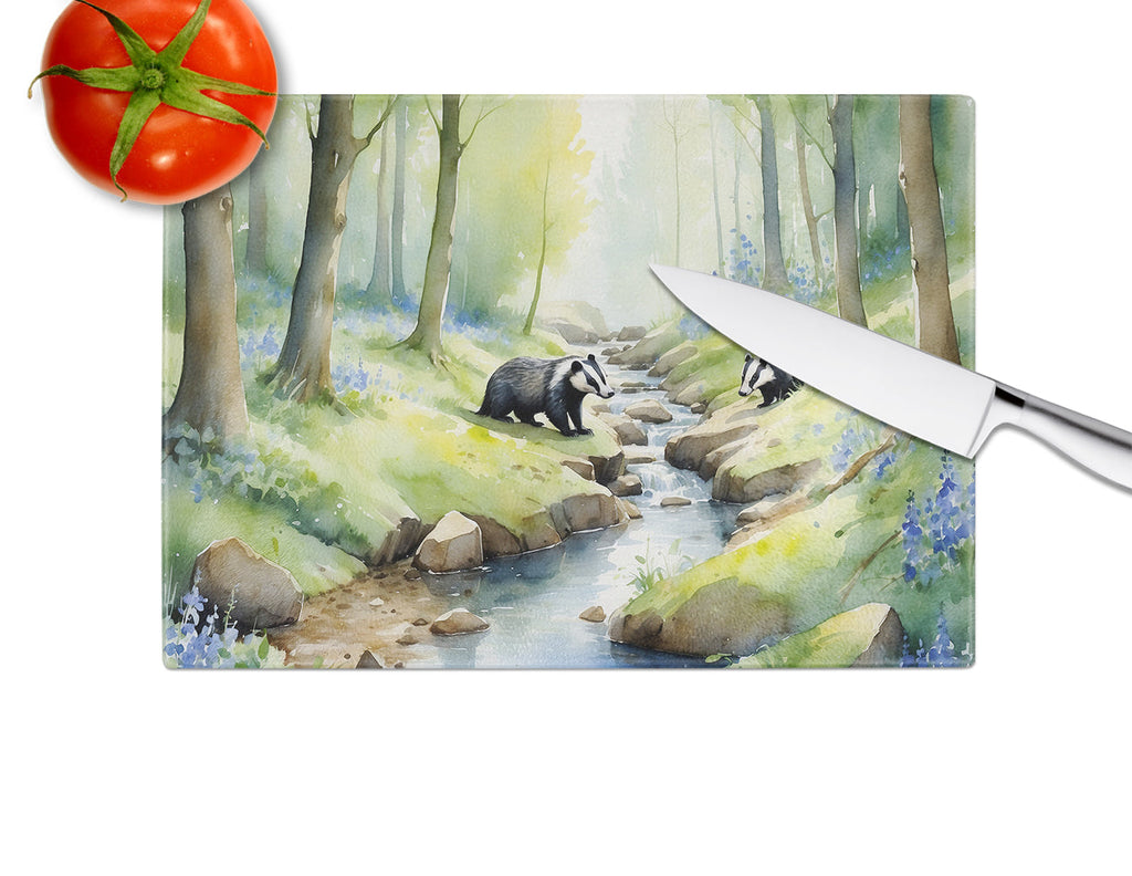 Woodland Spring Badgers Cutting Board Tempered Glass Kitchen Cutting Surface, Heat Resistant Chopping, Non-Slip Feet, Food Prep & Serving