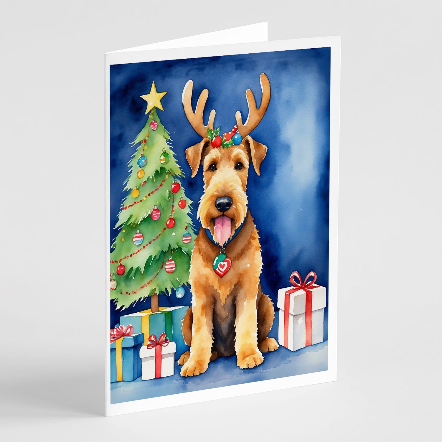 Airedale Terrier Christmas Reindeer Greeting Cards Pack of 8 Blank Cards with Envelopes Whimsical A7 Size 5x7