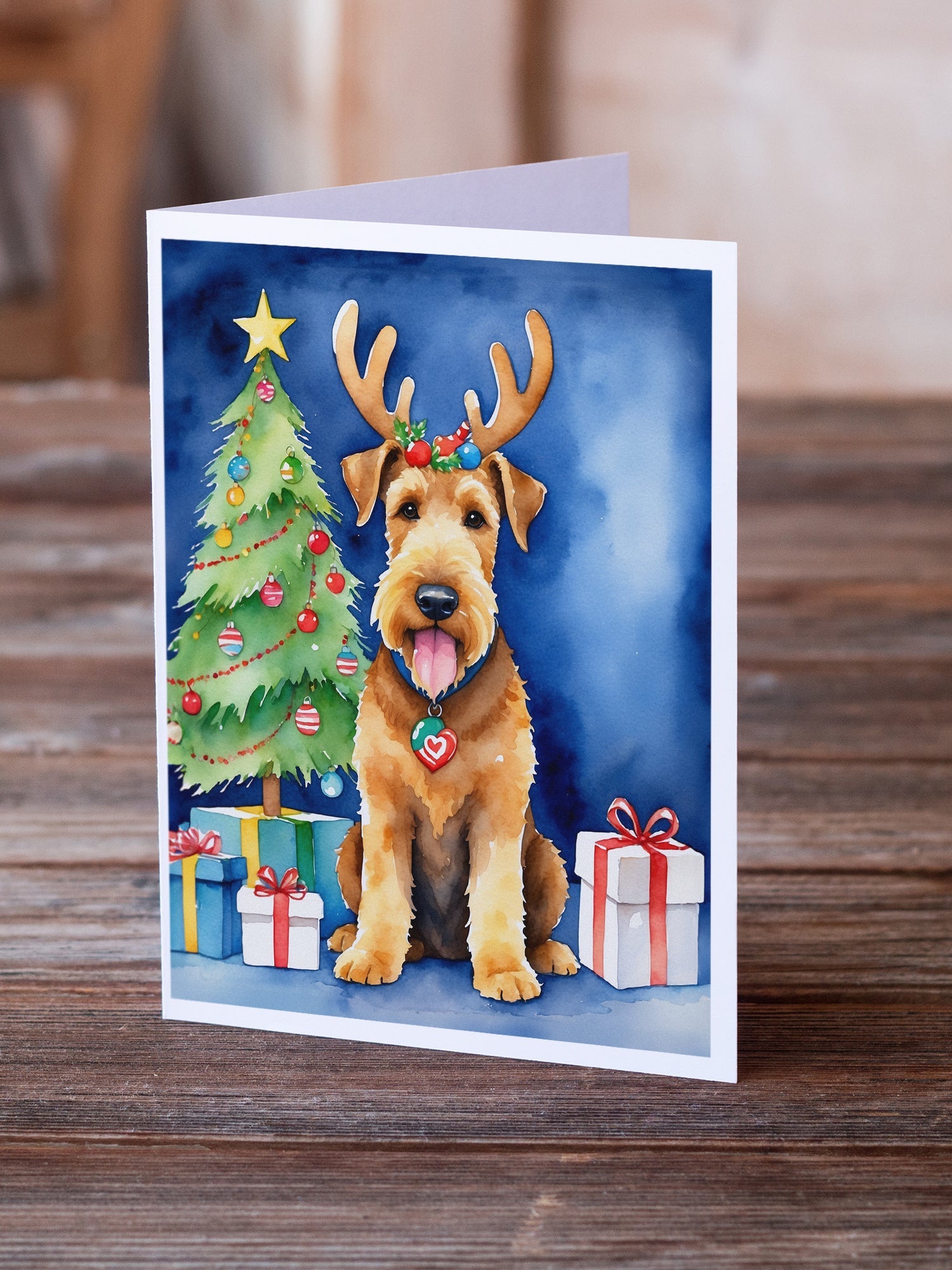 Airedale Terrier Christmas Reindeer Greeting Cards Pack of 8 Blank Cards with Envelopes Whimsical A7 Size 5x7
