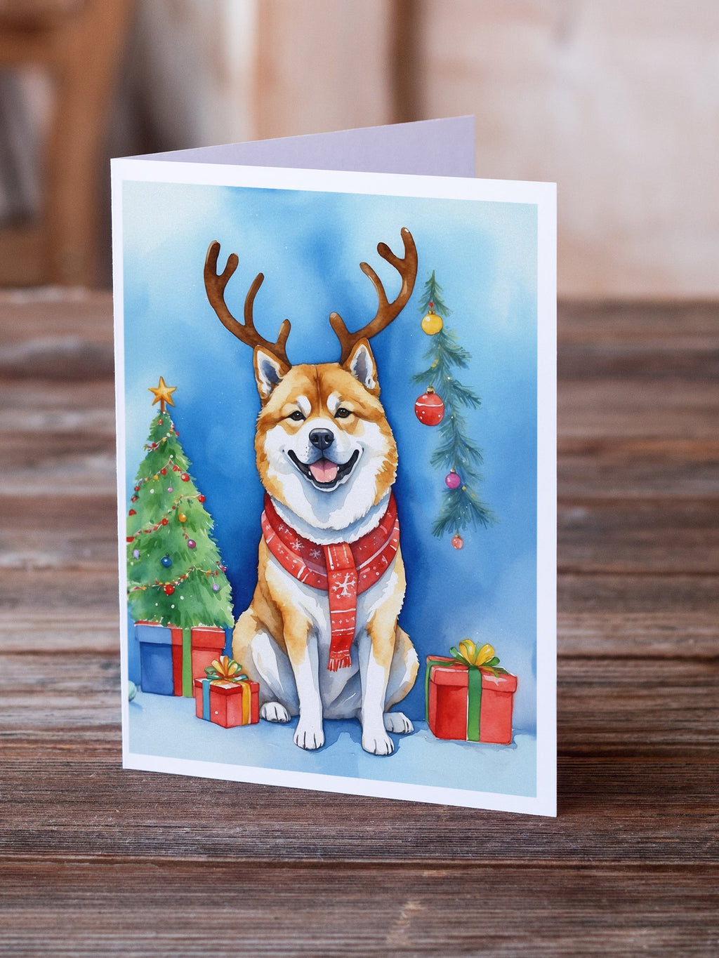 Akita Christmas Reindeer Greeting Cards Pack of 8 Blank Cards with Envelopes Whimsical A7 Size 5x7