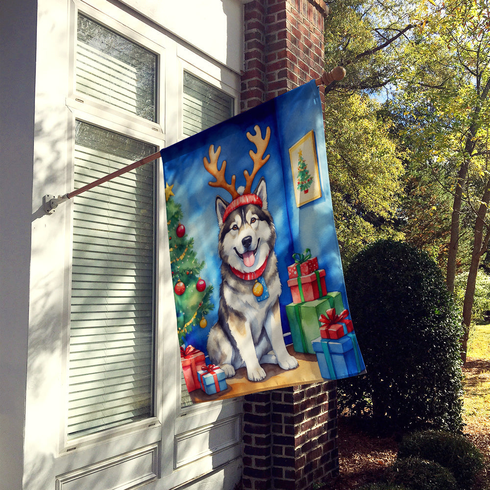 Alaskan Malamute Christmas Reindeer House Flag 28x40 Porch Sleeve Pole Decorative Outside Yard Banner Artwork Wall Hanging, Polyester
