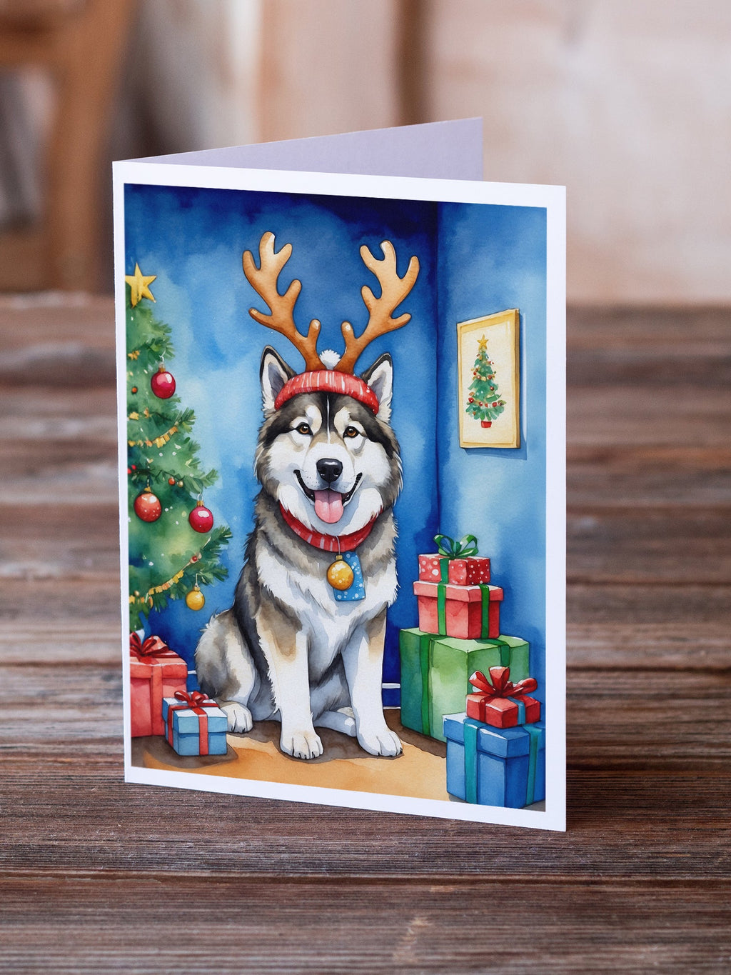 Alaskan Malamute Christmas Reindeer Greeting Cards Pack of 8 Blank Cards with Envelopes Whimsical A7 Size 5x7