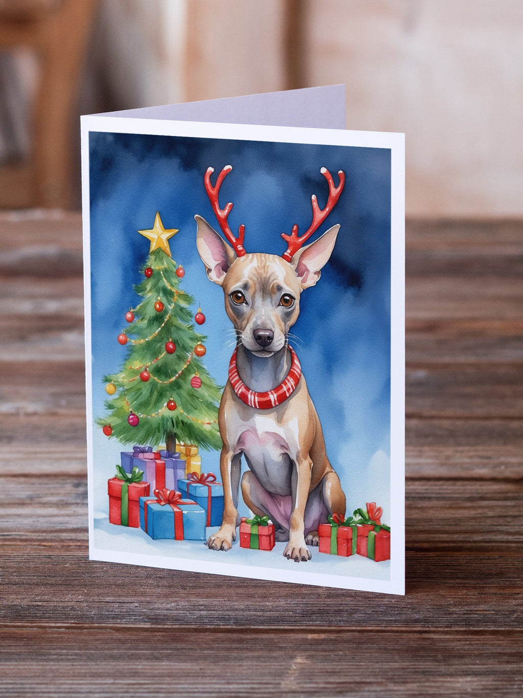 American Hairless Terrier Christmas Reindeer Greeting Cards Pack of 8 Blank Cards with Envelopes Whimsical A7 Size 5x7