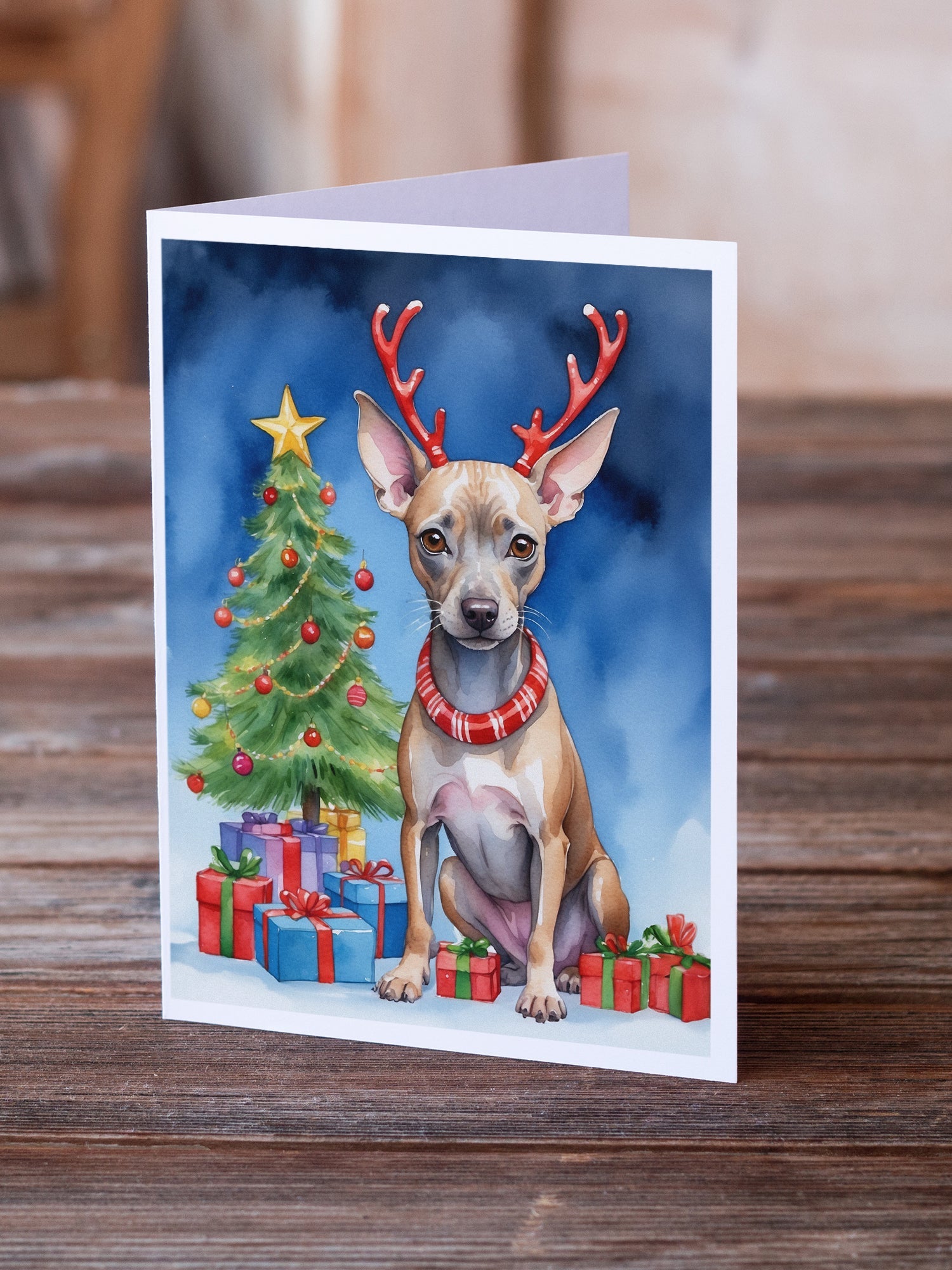 American Hairless Terrier Christmas Reindeer Greeting Cards Pack of 8 Blank Cards with Envelopes Whimsical A7 Size 5x7