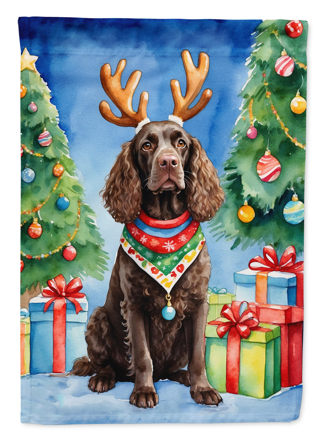 American Water Spaniel Christmas Reindeer House Flag 28x40 Porch Sleeve Pole Decorative Outside Yard Banner Artwork Wall Hanging, Polyester